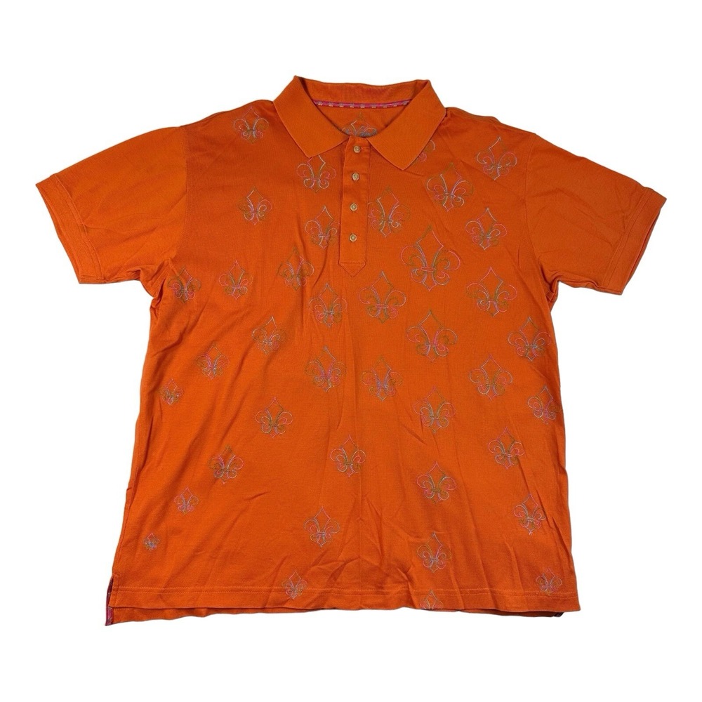 Robert Graham Fleur De Lis Orange Embroidered Mens Cotton Polo Shirt Size XL